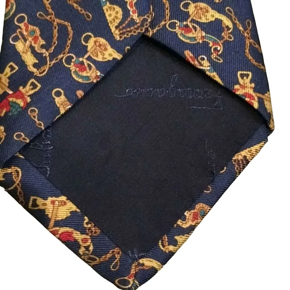 Salvatore Ferragamo Blue Gold Horse Bit Silk Tie Made in Italy Designer Preppy - Picture 6 of 10